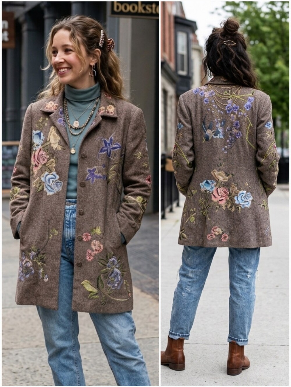 Nygård Collection 14P Vintage Boho Eclectic Phoebe Buffay Embroidery Wool Peacot